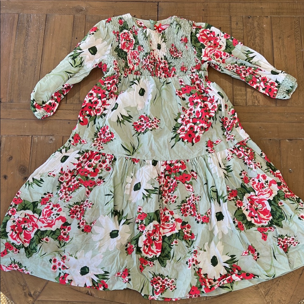 Melange girl green smocked floral print dress 12 years modest spring Easter